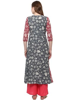 Red Abstract Cotton Round Neck Kurti