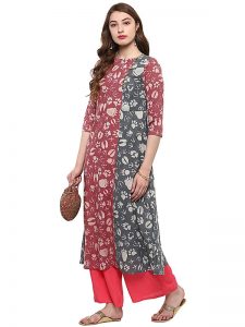 Red Abstract Cotton Round Neck Kurti