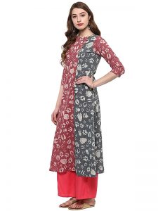 Red Abstract Cotton Round Neck Kurti