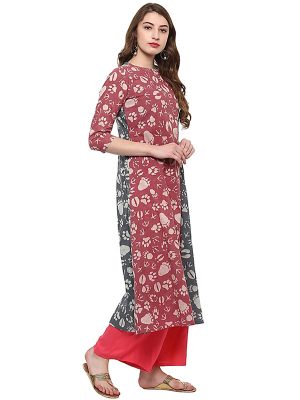 Red Abstract Cotton Round Neck Kurti