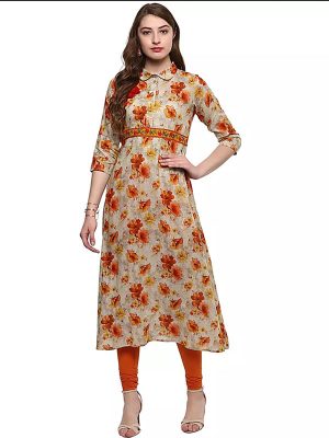 Multi Floral Viscose Rayon Mandarin Collar Kurti