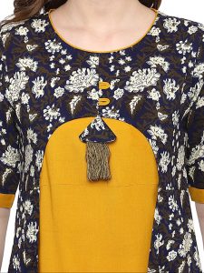 Yellow Floral Cotton Round Neck Kurti