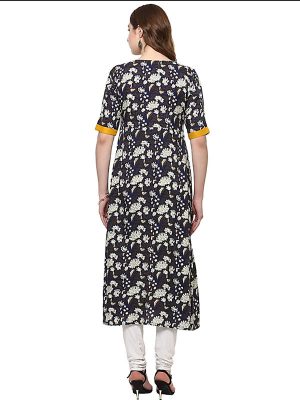 Yellow Floral Cotton Round Neck Kurti