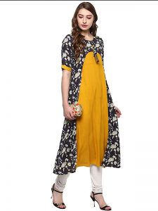 Yellow Floral Cotton Round Neck Kurti