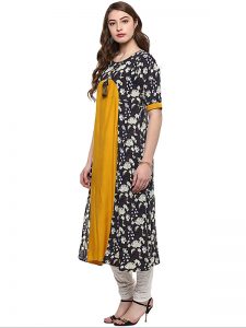 Yellow Floral Cotton Round Neck Kurti