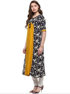 Yellow Floral Cotton Round Neck Kurti