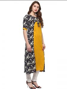 Yellow Floral Cotton Round Neck Kurti