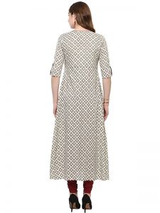 Off White Abstract Cotton Round Neck Kurti