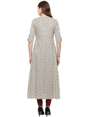 Off White Abstract Cotton Round Neck Kurti