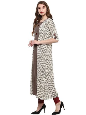 Off White Abstract Cotton Round Neck Kurti