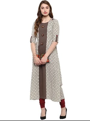 Off White Abstract Cotton Round Neck Kurti