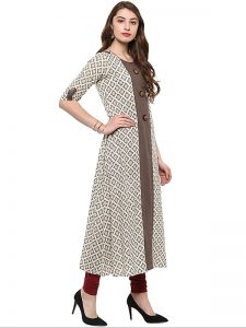 Off White Abstract Cotton Round Neck Kurti