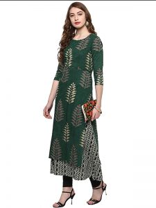 Green Floral Print Cotton Round Neck Kurti