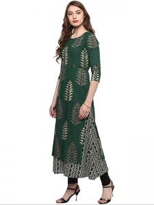 Green Floral Print Cotton Round Neck Kurti