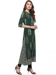 Green Floral Print Cotton Round Neck Kurti