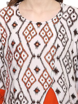 White Floral Viscose Rayon V-neck Kurti