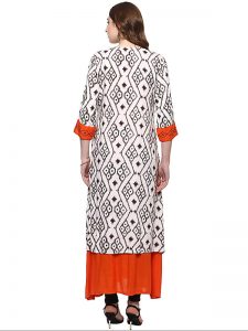 White Floral Viscose Rayon V-neck Kurti