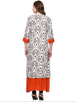 White Floral Viscose Rayon V-neck Kurti