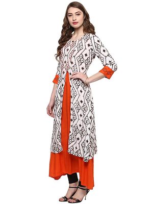 White Floral Viscose Rayon V-neck Kurti