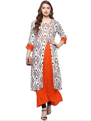 White Floral Viscose Rayon V-neck Kurti