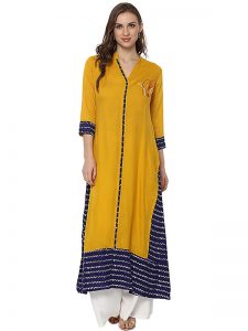 Yellow Solid Viscose Rayon Scoop Neck Kurti