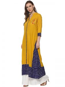 Yellow Solid Viscose Rayon Scoop Neck Kurti