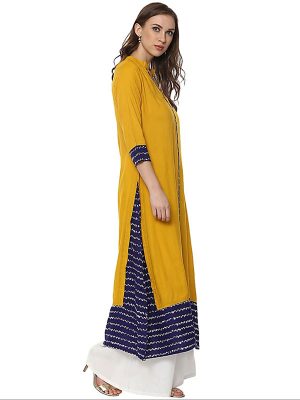 Yellow Solid Viscose Rayon Scoop Neck Kurti