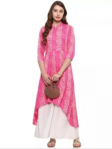 Pink Floral Crepe Scoop Neck Kurti