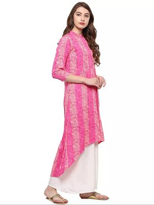 Pink Floral Crepe Scoop Neck Kurti