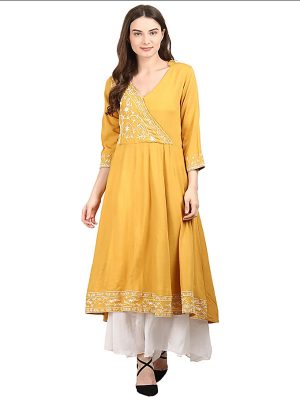 Women Mustard Embroidered Anarkali Kurta