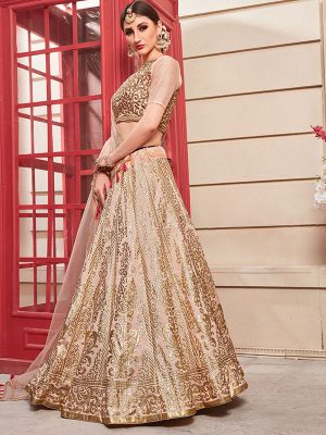 Salmon Pink Thai Silk Bridesmaid Party Wear Lehenga Choli With Dupatta