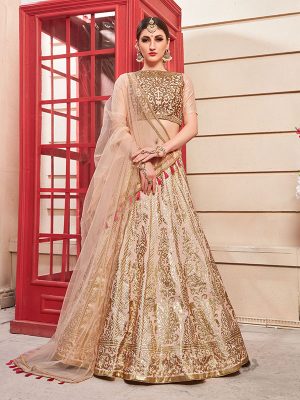 Salmon Pink Thai Silk Bridesmaid Party Wear Lehenga Choli With Dupatta