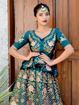 Teal Green Satin Silk Bridal Wedding Wear Lehenga Choli With Dupatta