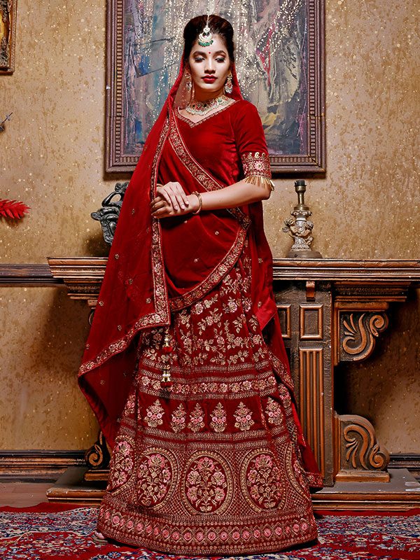 Maroon Velvet Bridal Wedding Wear Lehenga Choli With Dupatta Zakarto