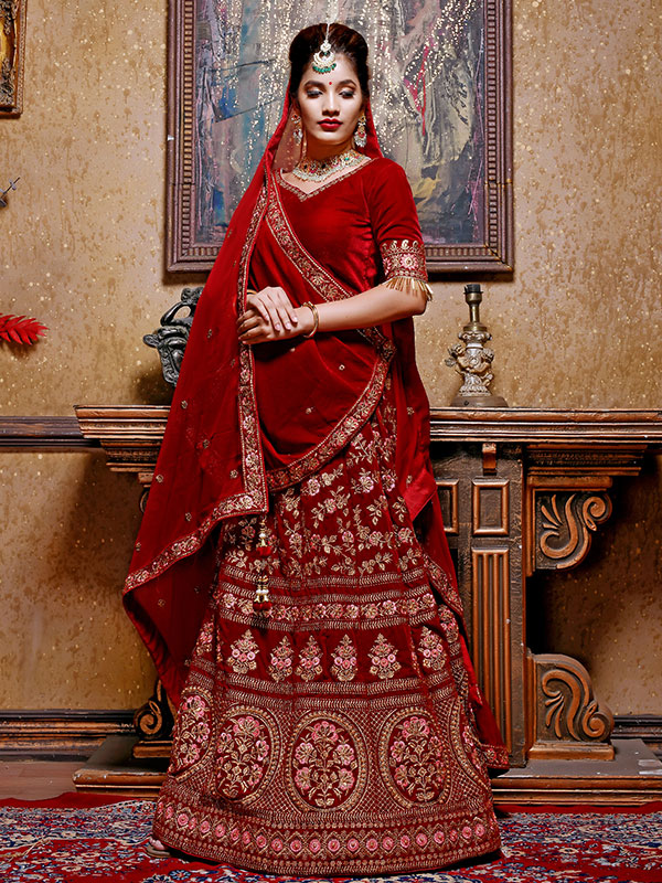 Maroon Velvet Bridal Wedding Wear Lehenga Choli With Dupatta Zakarto