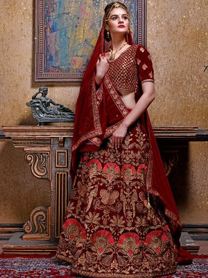 Maroon Velvet Bridal Wedding Wear Lehenga Choli With Dupatta