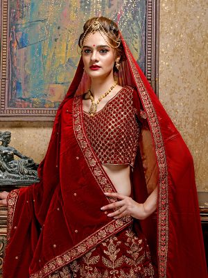 Maroon Velvet Bridal Wedding Wear Lehenga Choli With Dupatta