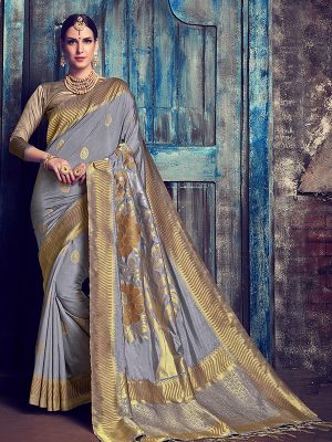 Grey Colour Designer Nylon Silk Antique Silk Saree