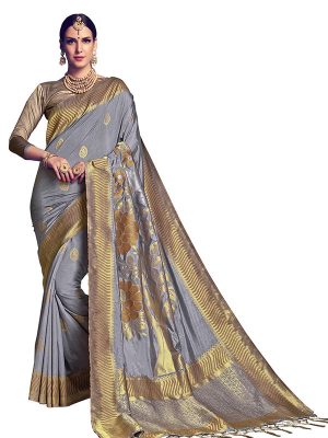 Grey Colour Designer Nylon Silk Antique Silk Saree