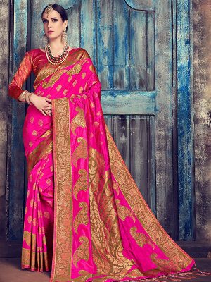 Pink Colour Designer Nylon Silk Antique Silk Saree