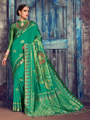 Teal Green Colour Designer Nylon Silk Antique Silk Saree