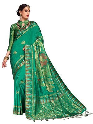 Teal Green Colour Designer Nylon Silk Antique Silk Saree