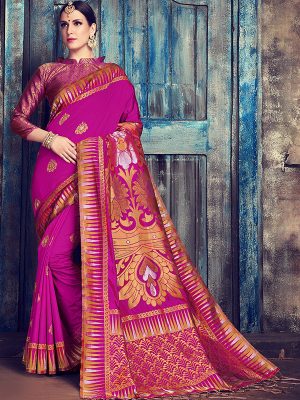 Magenta Colour Designer Nylon Silk Antique Silk Saree