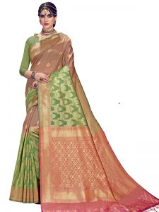 Chiku & Green Colour Designer Linen Silk Anumol Saree