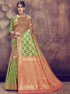 Chiku & Green Colour Designer Linen Silk Anumol Saree