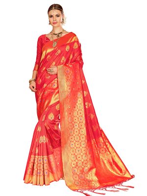 Red Colour Designer Nylon Silk Bageecha Saree