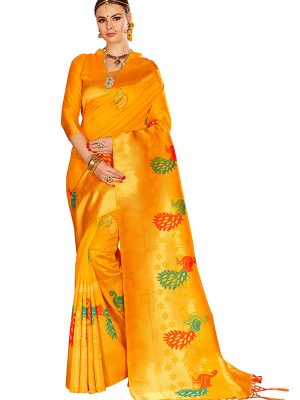 Yellow Colour Designer Nylon Silk Bageecha Saree