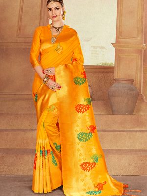 Yellow Colour Designer Nylon Silk Bageecha Saree