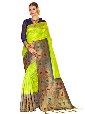 Lime Green & Navy Blue Colour Designer Nylon Silk Bageecha Saree