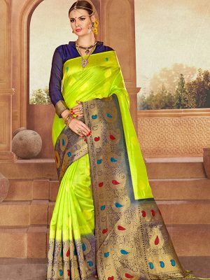 Lime Green & Navy Blue Colour Designer Nylon Silk Bageecha Saree